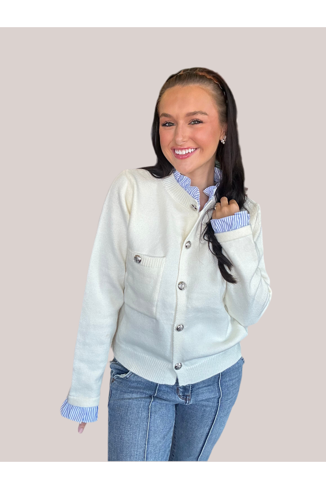 Entro Cream Knit Cardigan – Ruffle Contrast Detail + Button Front - Vintage Dragonfly Boutique