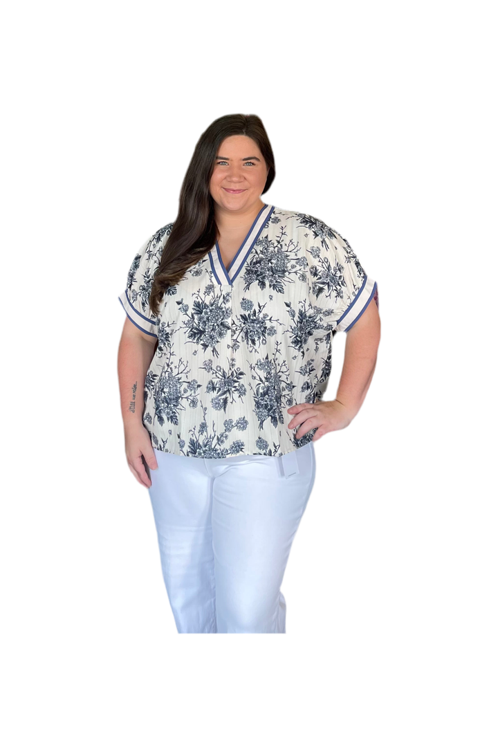 Entro Navy Blue Gray Split Neck Dolman Sleeve Top