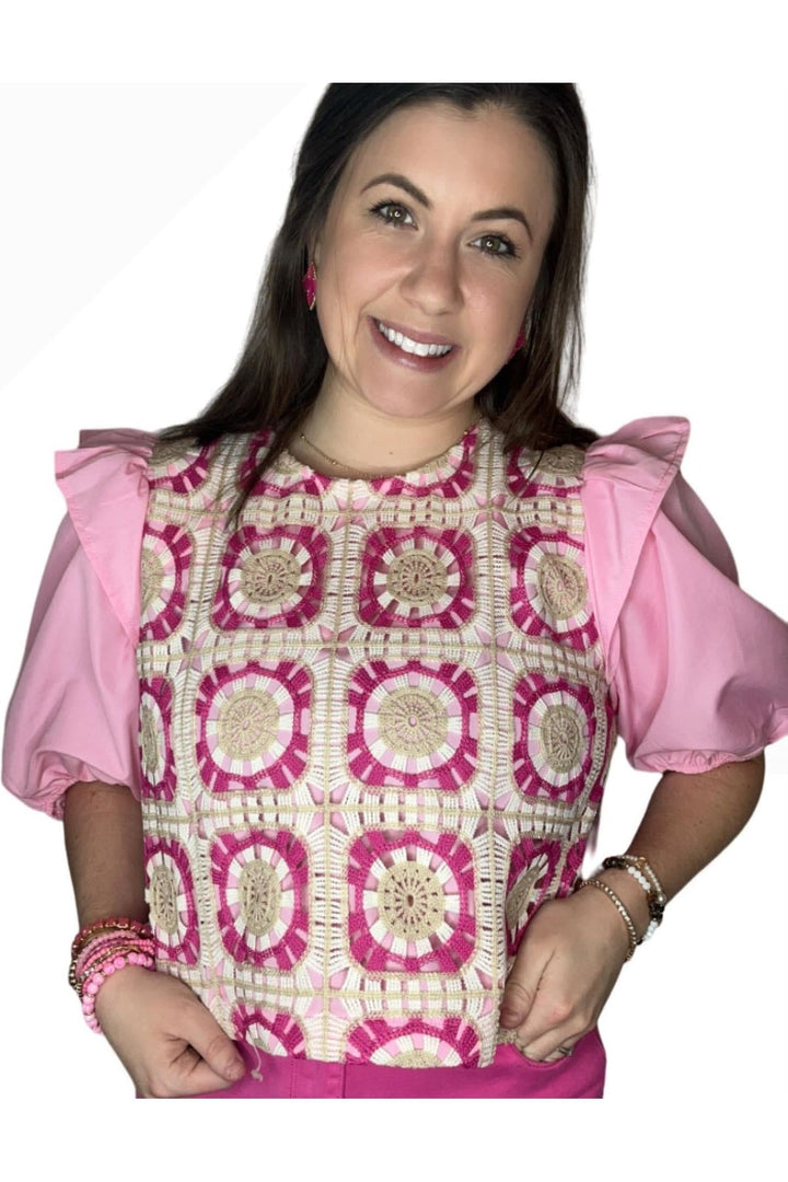 Entro - Pink Multi Colored Crocheted Top w/ Tie Back