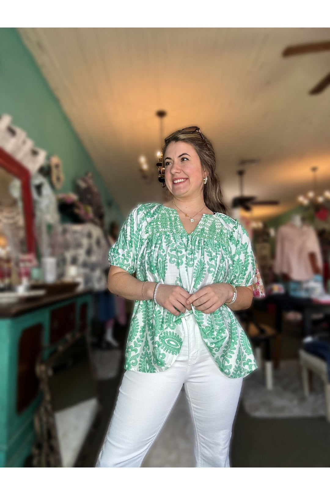 White with Green Smocked Short Puff Sleeve Top