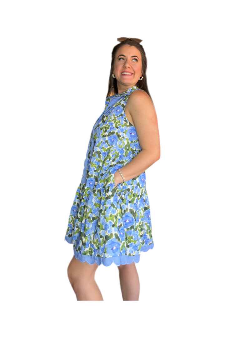 Blue Floral Print Sleeveless Mini Dress