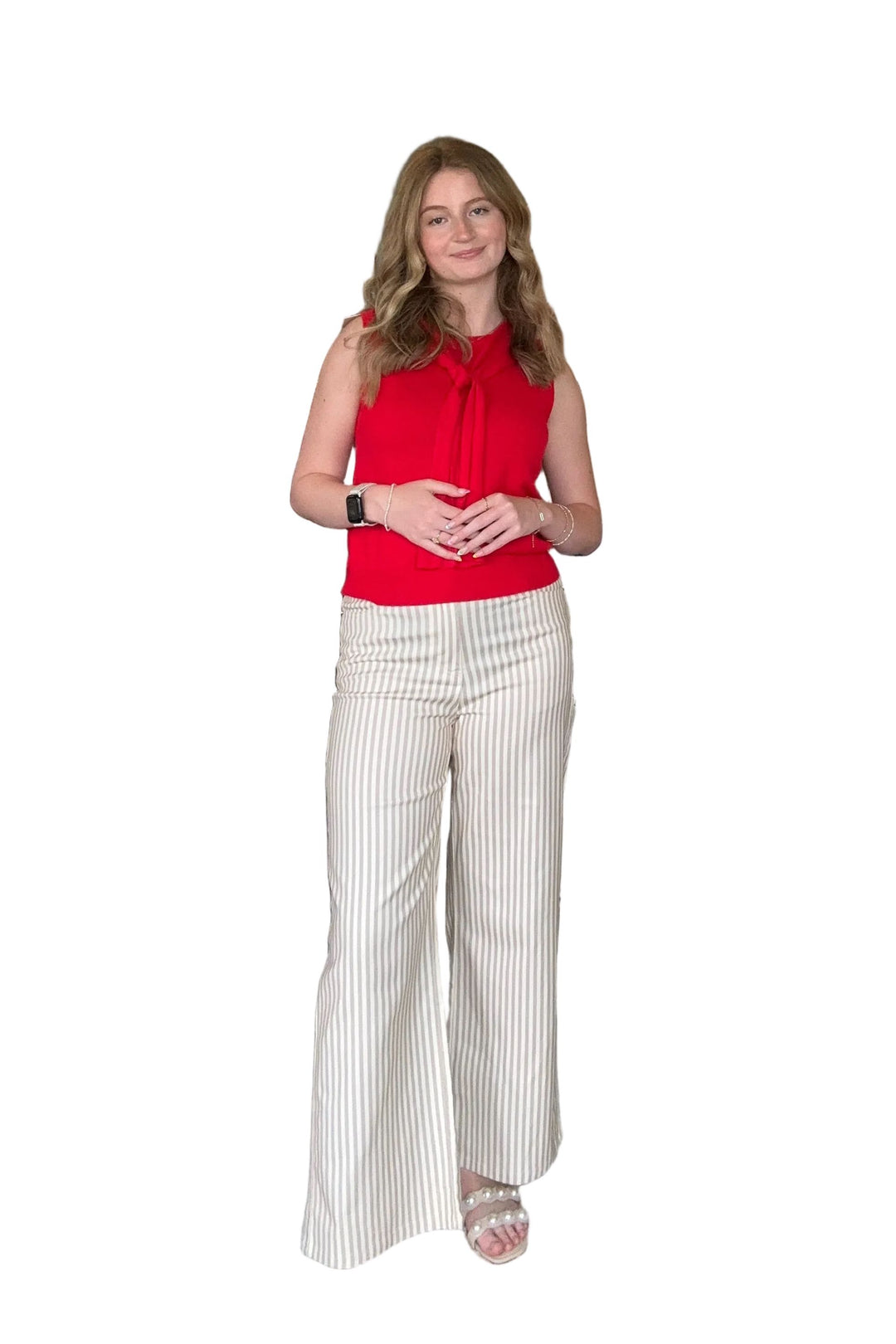 Entro Tan Striped Wide Leg Pants | Neutral  Classic Button and Zipper Closure - Vintage Dragonfly Boutique