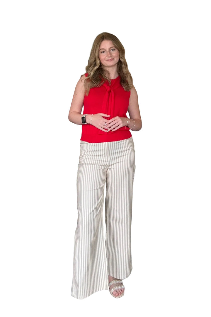 Entro Tan Striped Wide Leg Pants | Neutral  Classic Button and Zipper Closure - Vintage Dragonfly Boutique