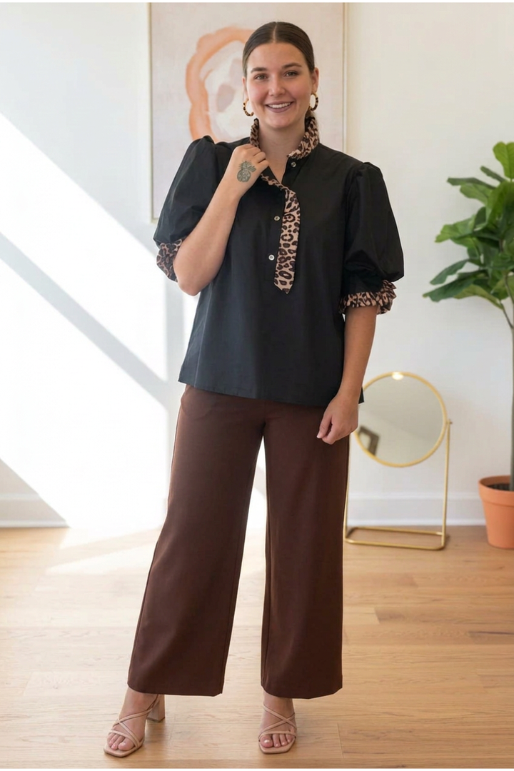 Entro Leopard Trim Puff Sleeve Blouse