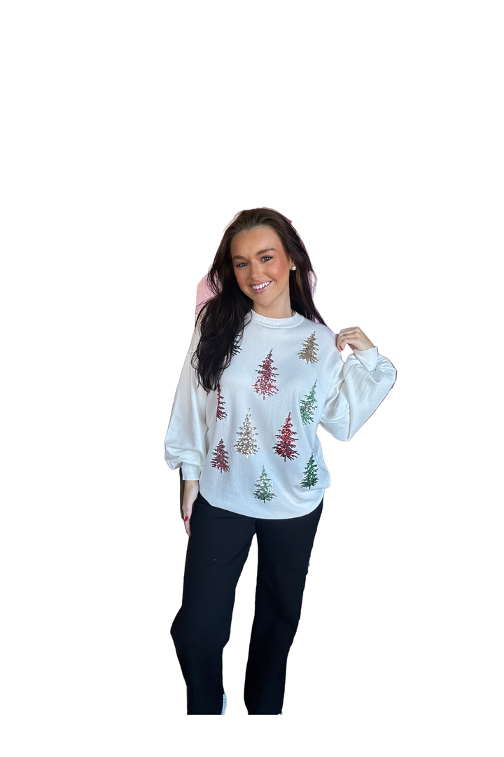 Vine & Love Sequin Tree Sweater – Holiday Balloon Sleeve Top for Women