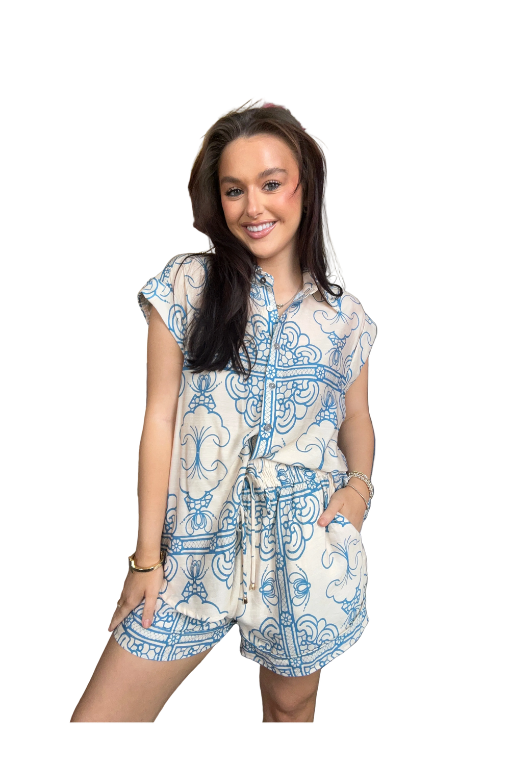 Entro Blue & Ivory Ornate Button Front Sleeveless Blouse - Vintage Dragonfly Boutique