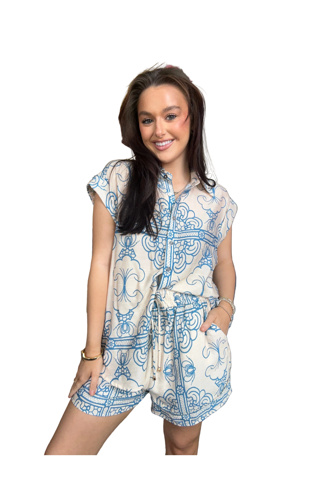 Entro Blue &amp; Ivory Ornate Button Front Sleeveless Blouse - Vintage Dragonfly Boutique