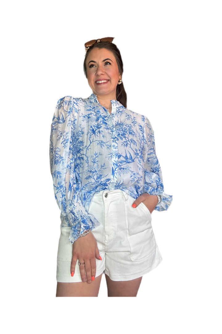 White and Blue Printed Tencel Blend Top - Vintage Dragonfly Boutique