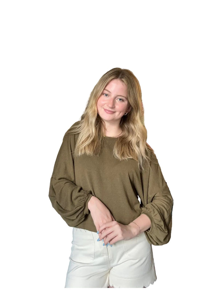 Entro Olive Long Sleeve Knit Top | Relaxed Everyday Boutique Blouse - Vintage Dragonfly Boutique