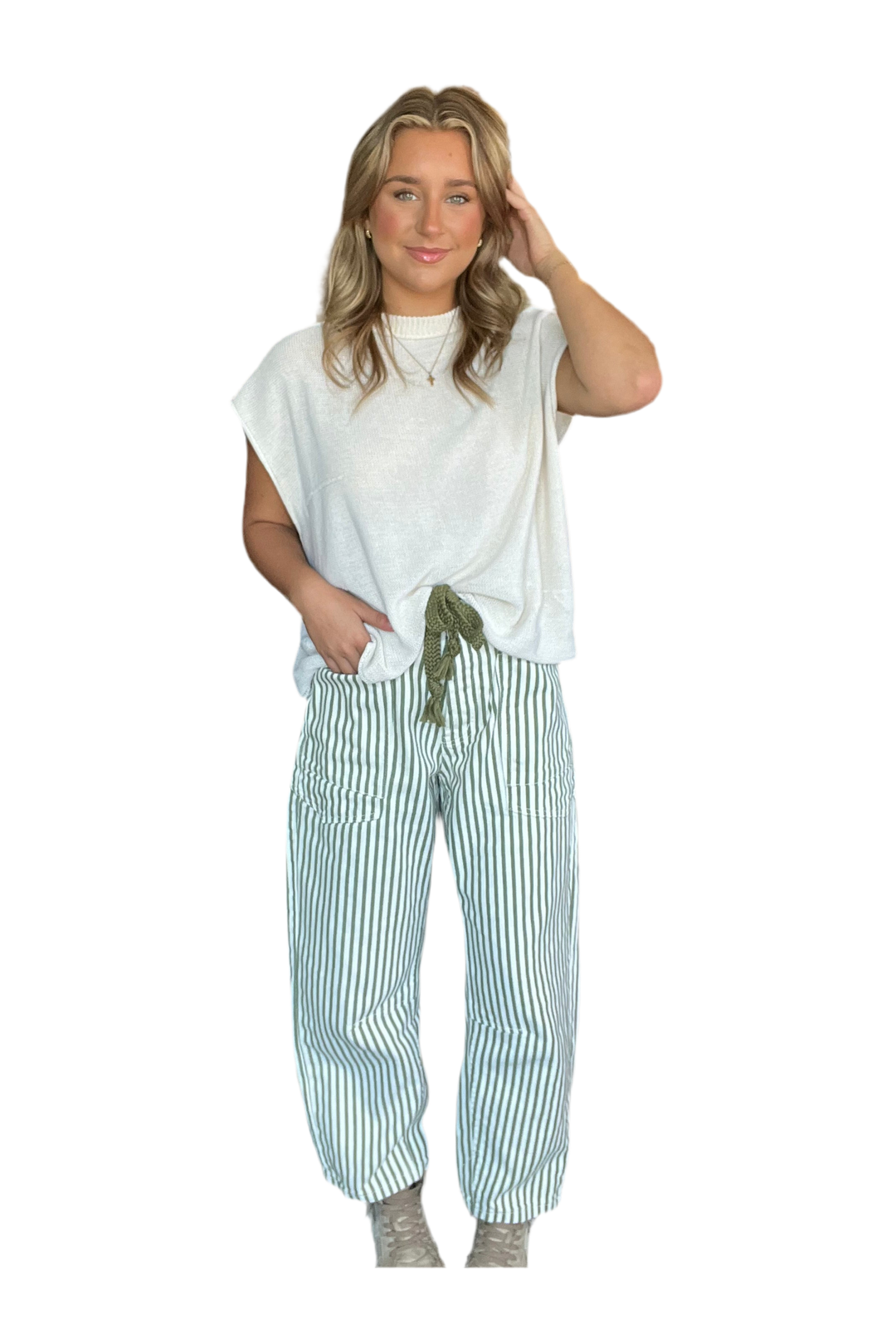 Olive Striped Barrel Pants – Effortless Cool by Aaron & Amber - Vintage Dragonfly Boutique