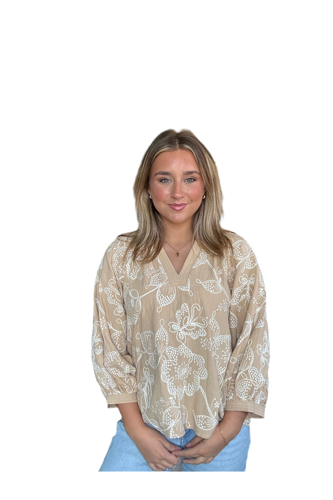Entro Taupe Embroidered 3/4 Sleeve Top by Entro | Chic Neutral Blouse for Any Occasion