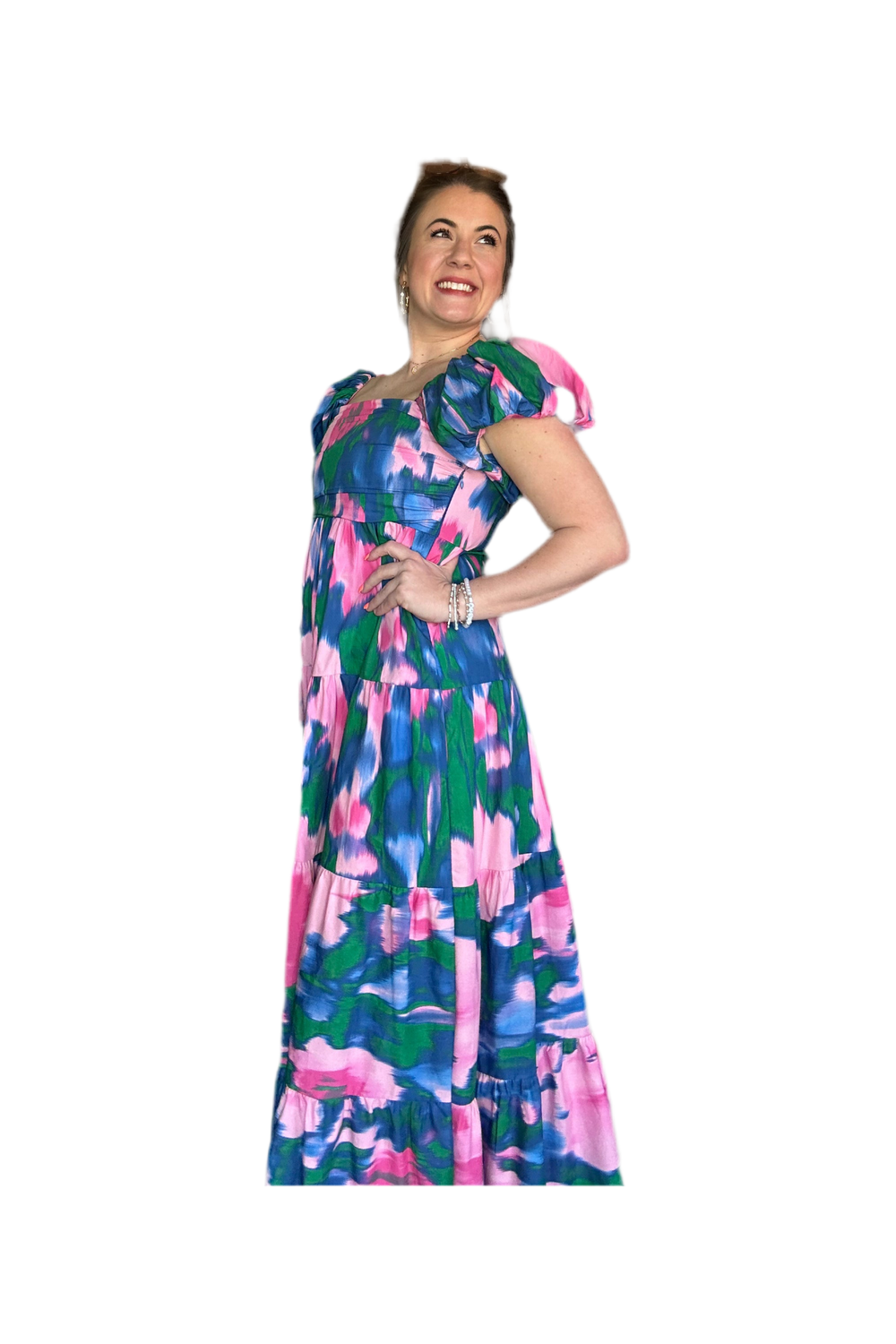 Blue Pink and Green Poplin Print Midi Dress - Vintage Dragonfly Boutique