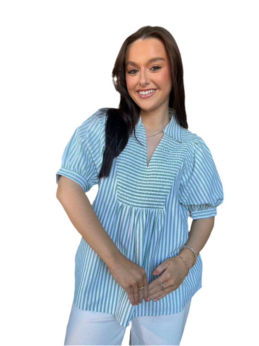 Entro Babydoll Stripe Top – Lemon, Pink & Mint Puff Sleeve Blouse