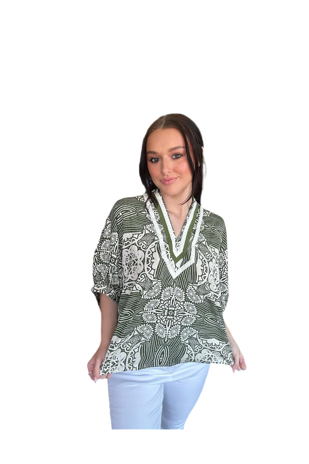 Entro Olive Multi-Pattern Caftan V-Neck Top