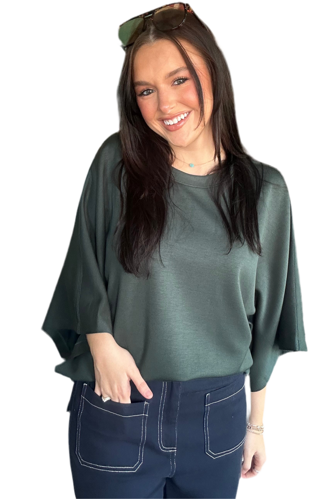 Entro Dark Green Knit Top – Elbow Sleeve Relaxed Silhouette Blouse