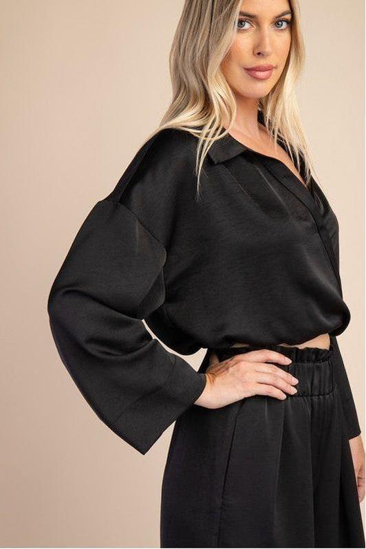Glam Elastic Hem Long Sleeve Vneck Short Top - Vintage Dragonfly Boutique