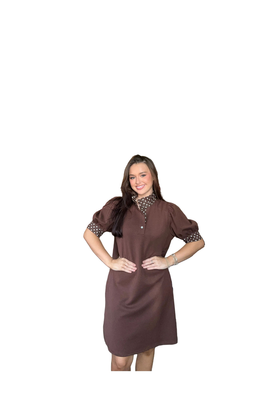 Entro Chocolate Brown Polka Dot Trim Puff Sleeve Dress - Vintage Dragonfly Boutique