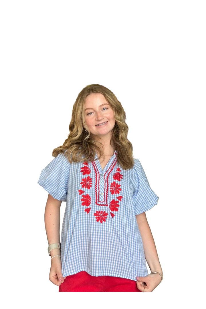 Entro Blue Gingham Embroidered Puff Sleeve Top - Vintage Dragonfly Boutique