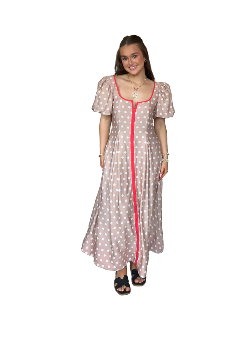 Entro Taupe Polka Dot Puff Sleeve Midi Dress with Red Trim - Vintage Dragonfly Boutique