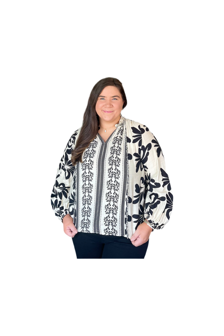 Black and Cream Fringe Detailed Ruffled Top by Gigio