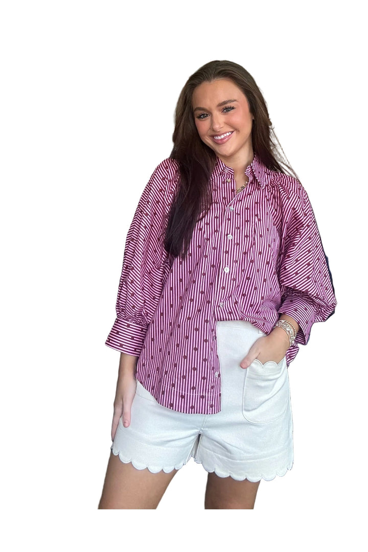 Entro Pink Striped Button Front Blouse with Puff Sleeves - Vintage Dragonfly Boutique