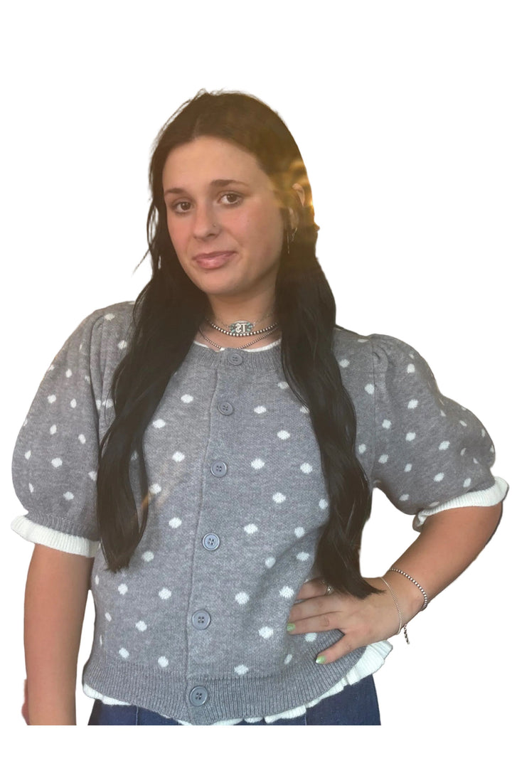 Entro Grey Polka Dot Knit Cardigan &amp; Sweater Tank Twin Set - Vintage Dragonfly Boutique