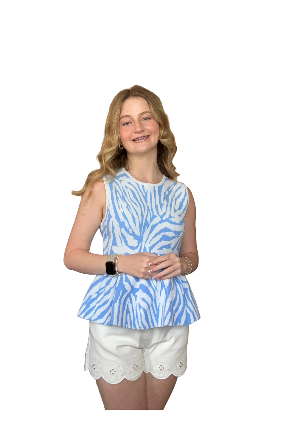 Entro Blue Zebra Print Sleeveless Peplum Top – Trendy Statement Blouse for Women - Vintage Dragonfly Boutique
