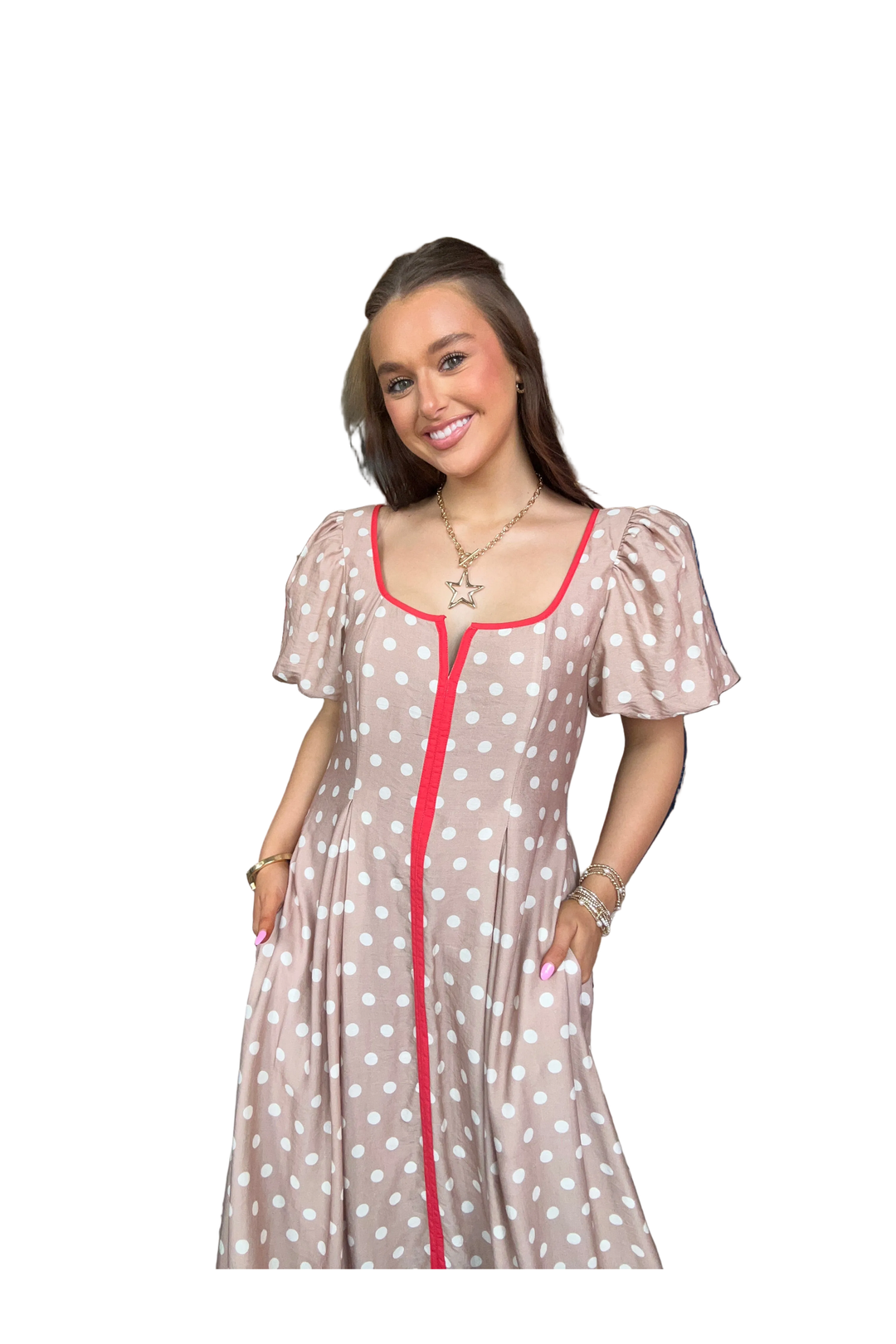 Entro Taupe Polka Dot Puff Sleeve Midi Dress with Red Trim - Vintage Dragonfly Boutique