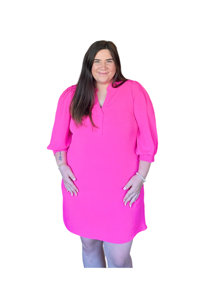 Hot Pink 3/4L Sleeve Mini Dress - Vintage Dragonfly Boutique