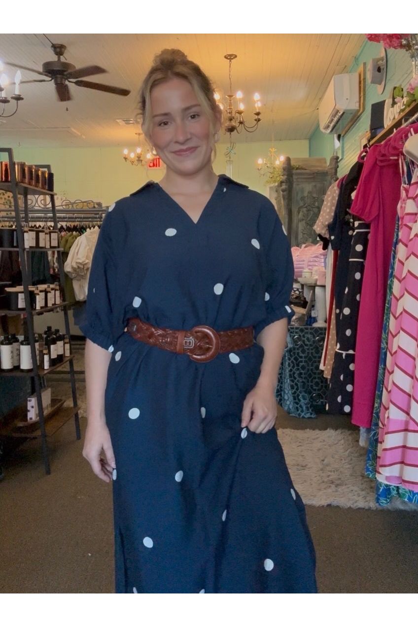 Entro Navy Polka Dot Midi Dress | Classic Women’s Boutique Dress - Vintage Dragonfly Boutique