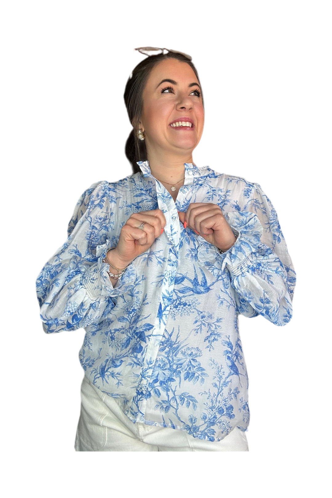 White and Blue Printed Tencel Blend Top - Vintage Dragonfly Boutique