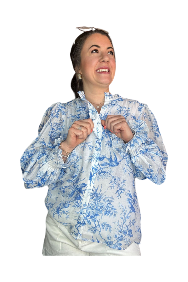 White and Blue Printed Tencel Blend Top - Vintage Dragonfly Boutique