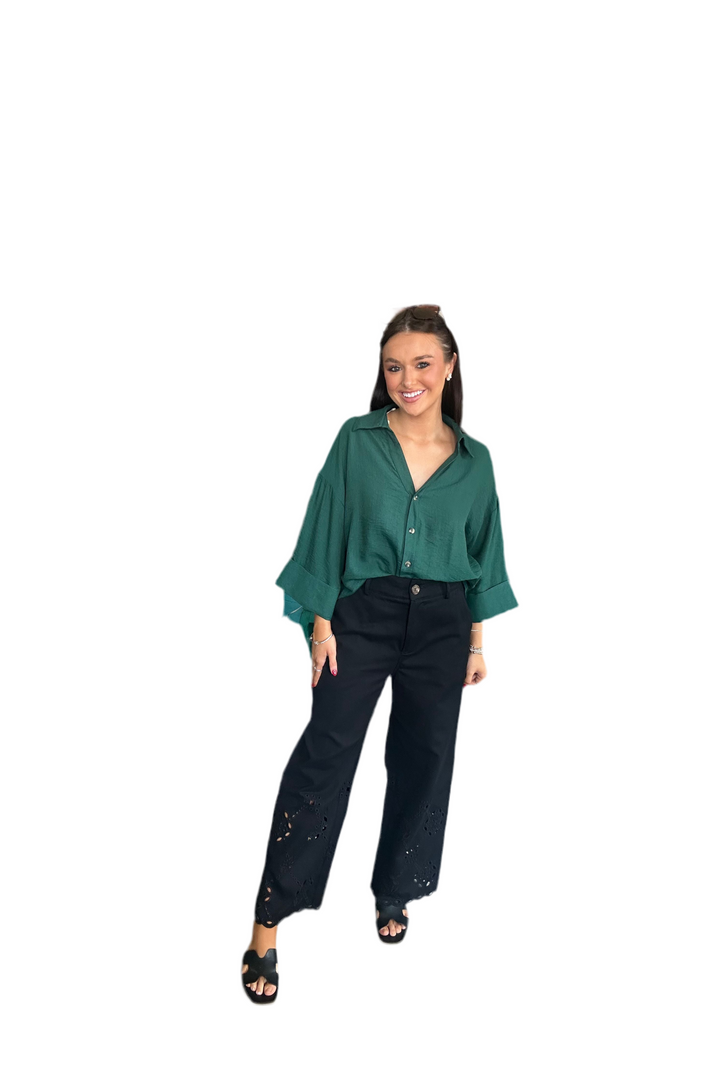 Straight Leg Eyelet Cut Out Pants | Comfortable Chic by Entro