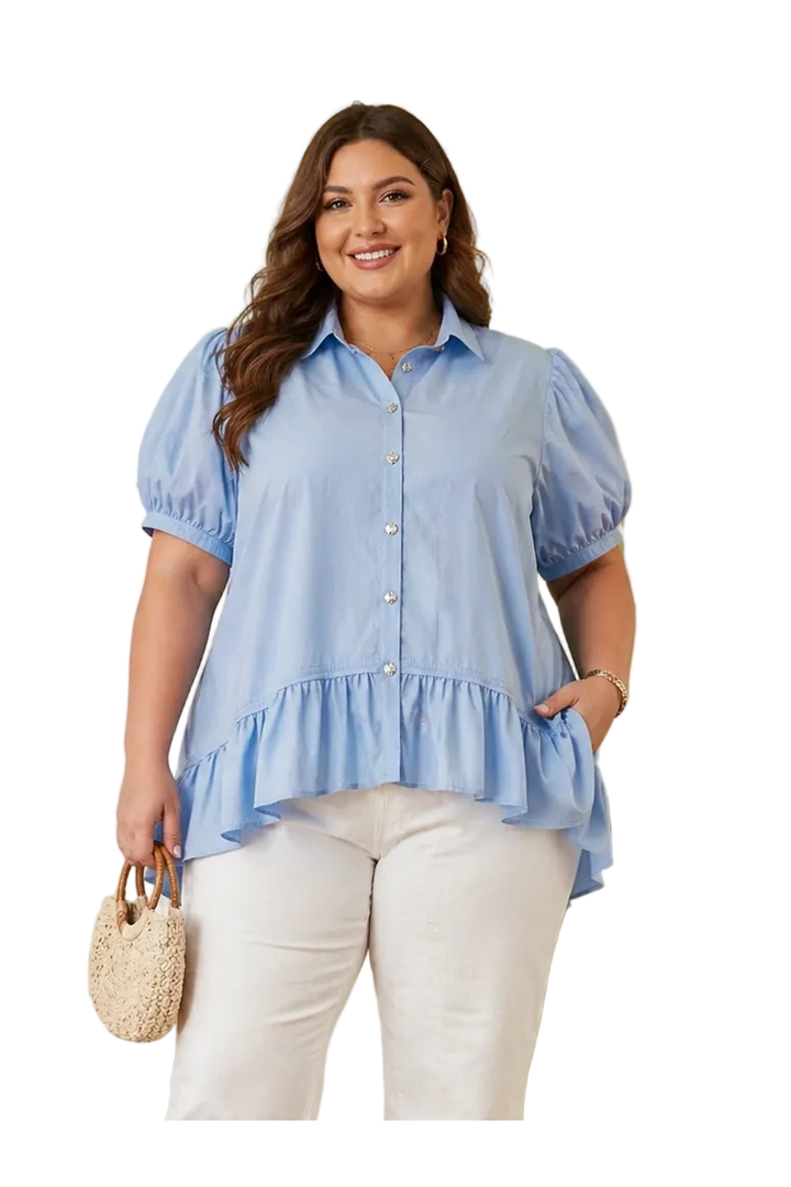 Entro Ruffle Hem Button-Up Blue Blouse – Puff Sleeve Collared Top - Vintage Dragonfly Boutique