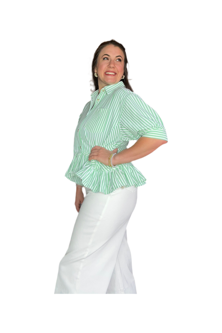 Apple Green Striped 3/4 L Sleeve Ruffle Hem Top