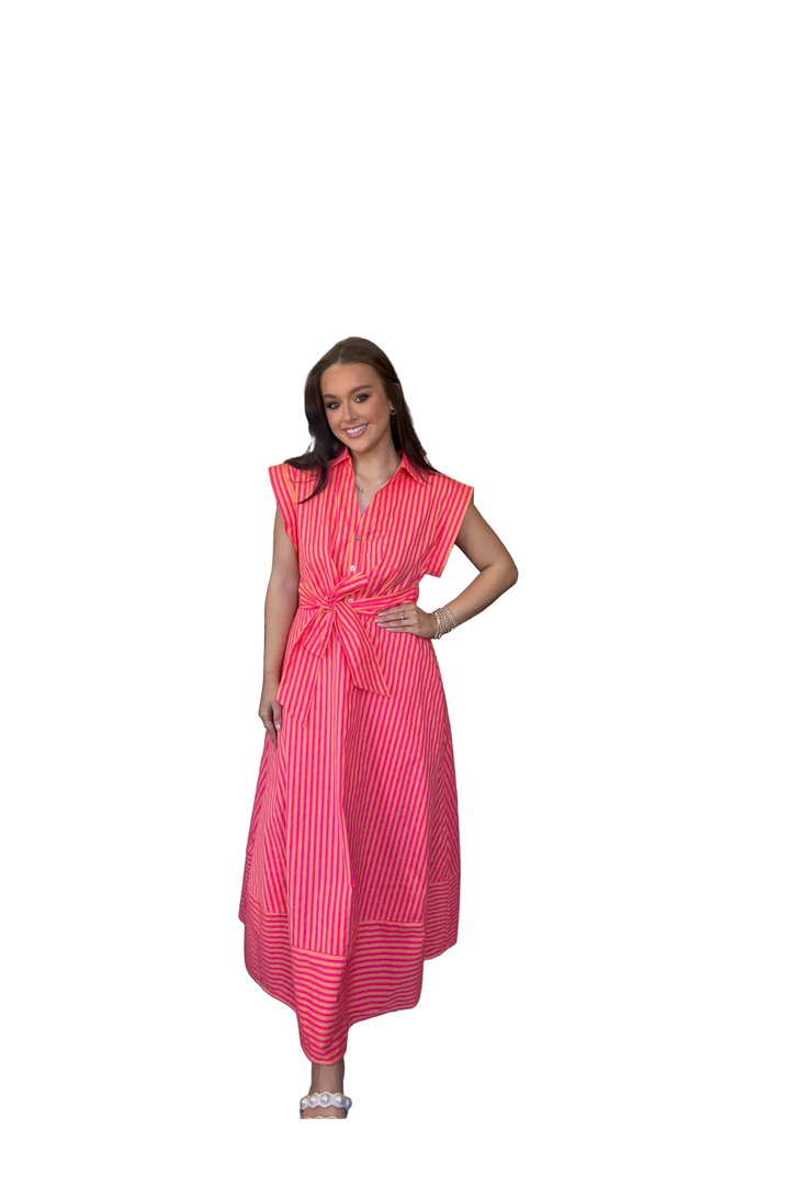 Entro Coral & Hot Pink Striped Tie-Waist Midi Dress - Vintage Dragonfly Boutique