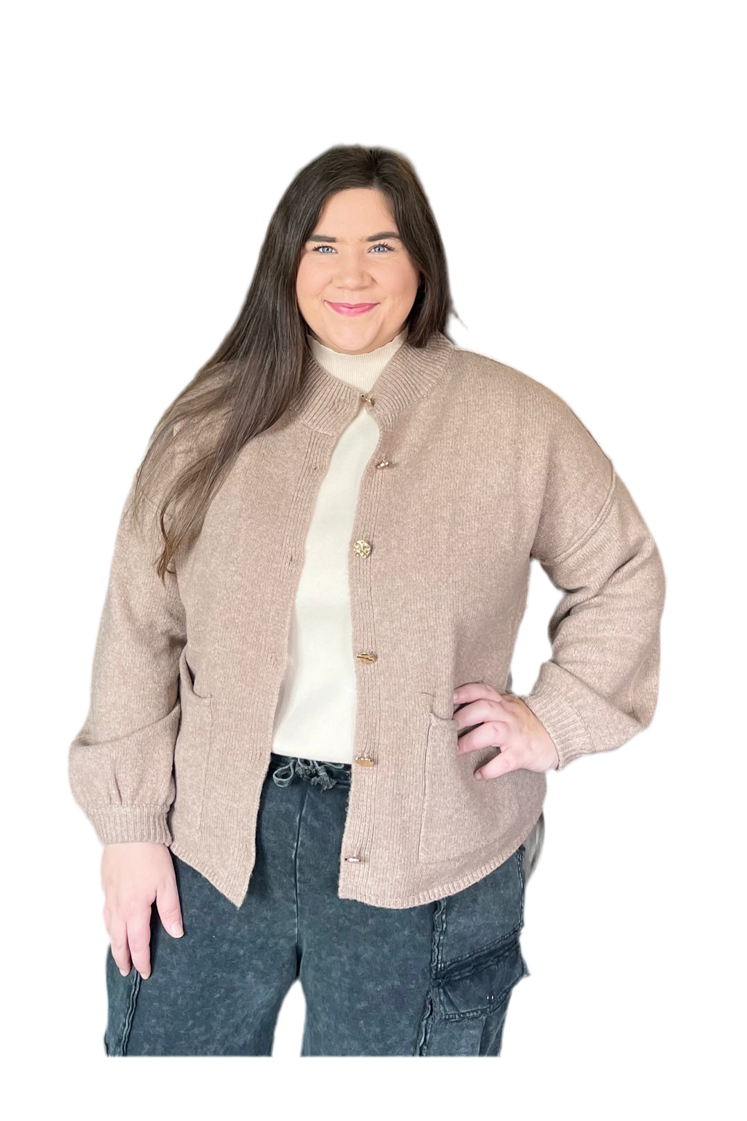 By Entro Knit Cardigan – Hammered Gold Buttons + Front Pockets - Vintage Dragonfly Boutique
