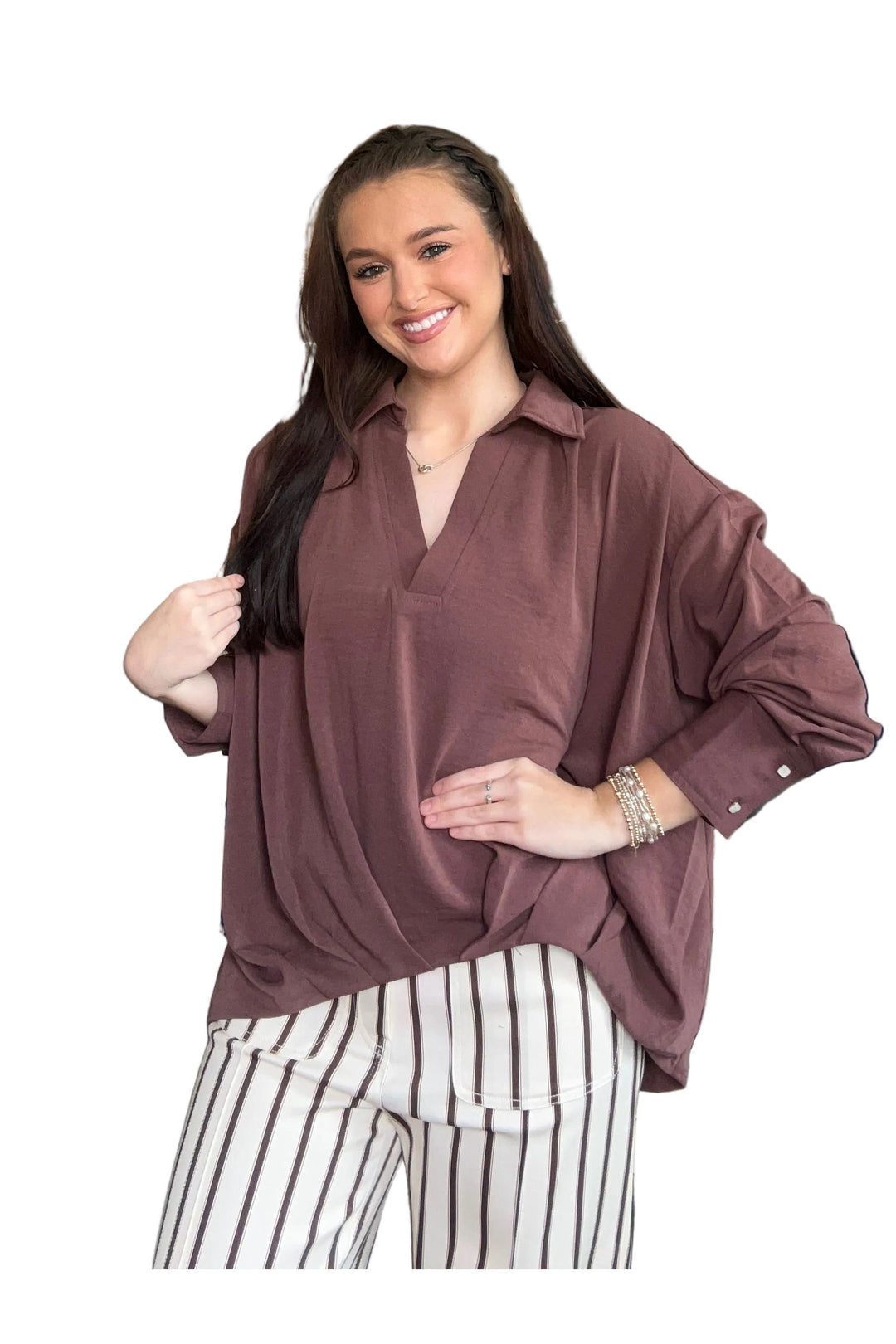 Entro Chocolate Brown Button Sleeve V-Neck Top | Women’s Boutique Blouse - Vintage Dragonfly Boutique