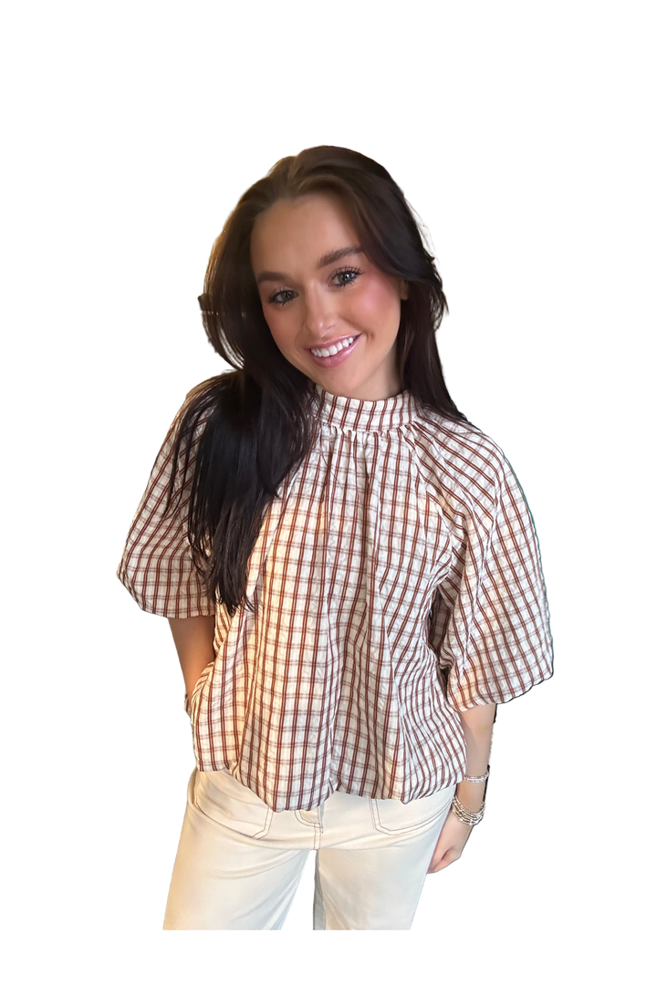 Annie Wear Checkered Bowtie Back Bubble Hem Blouse – Flowy Feminine Short Sleeve Top