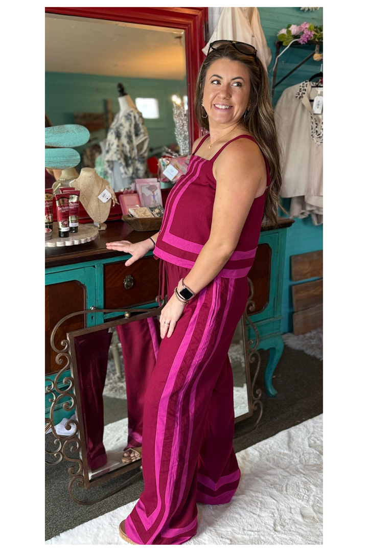 Maroon and Rose Accent Sleeveless Top and Wide Leg High Waist Bottoms Set - Vintage Dragonfly Boutique