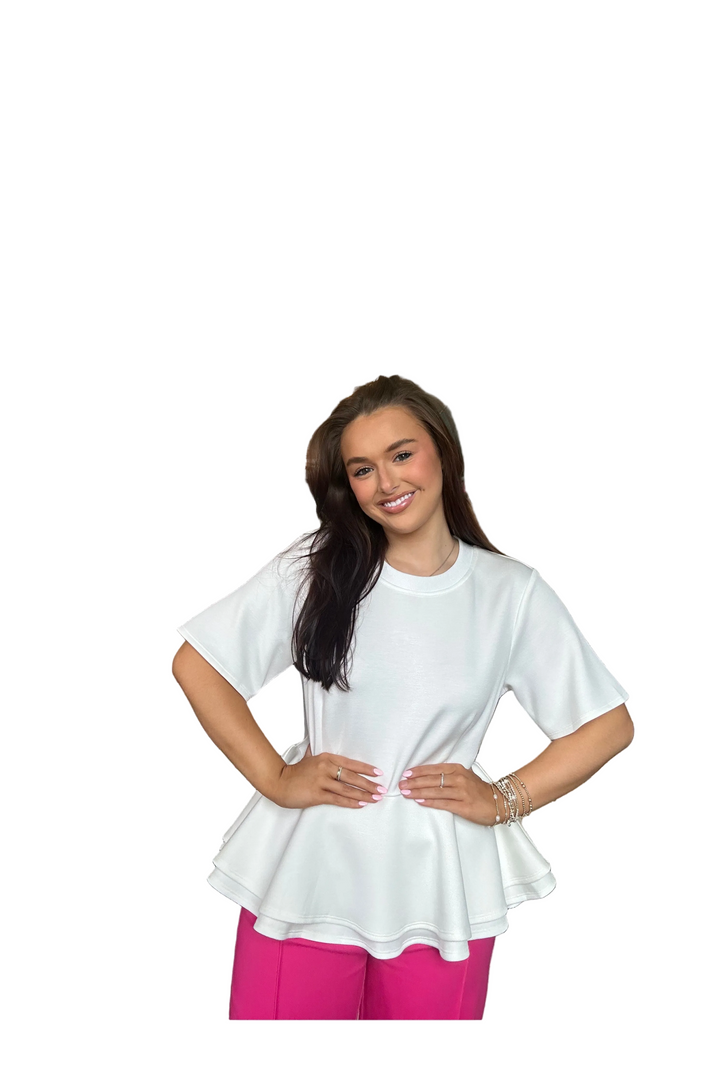 Entro Cream Peplum Top – Soft Knit Short Sleeve Blouse - Vintage Dragonfly Boutique