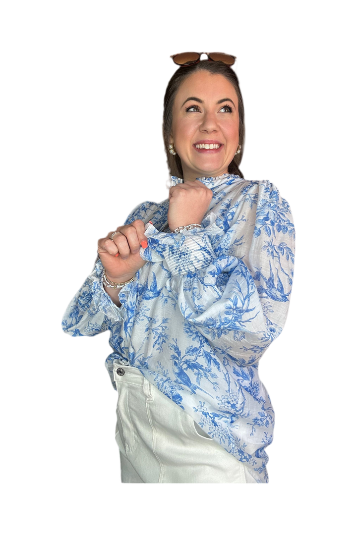 White and Blue Printed Tencel Blend Top - Vintage Dragonfly Boutique