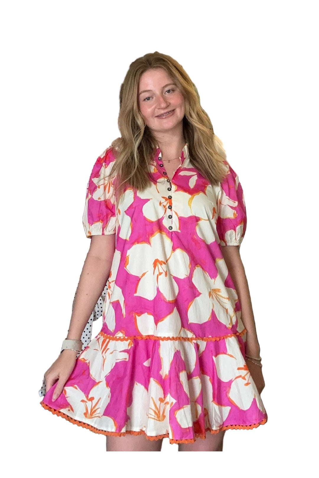 Entro Tropical Floral Mini Dress – Pink Floral Button Front Dress - Vintage Dragonfly Boutique