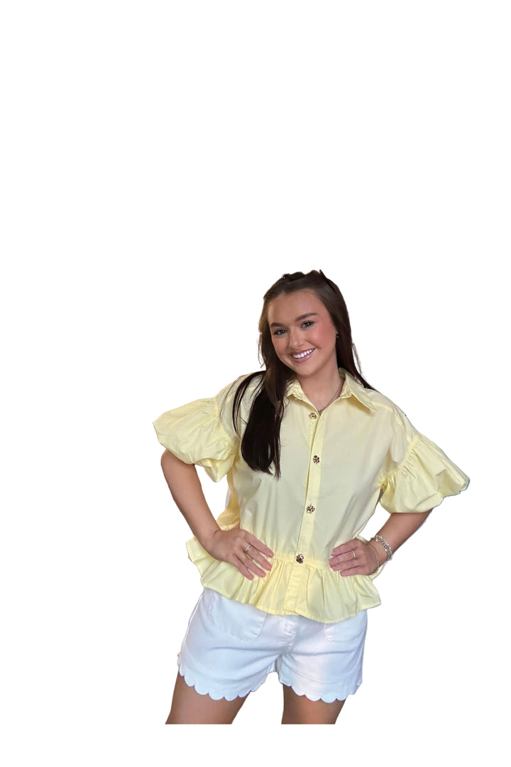Entro Yellow Peplum Button Front Top – Lightweight Collared Blouse for Women - Vintage Dragonfly Boutique