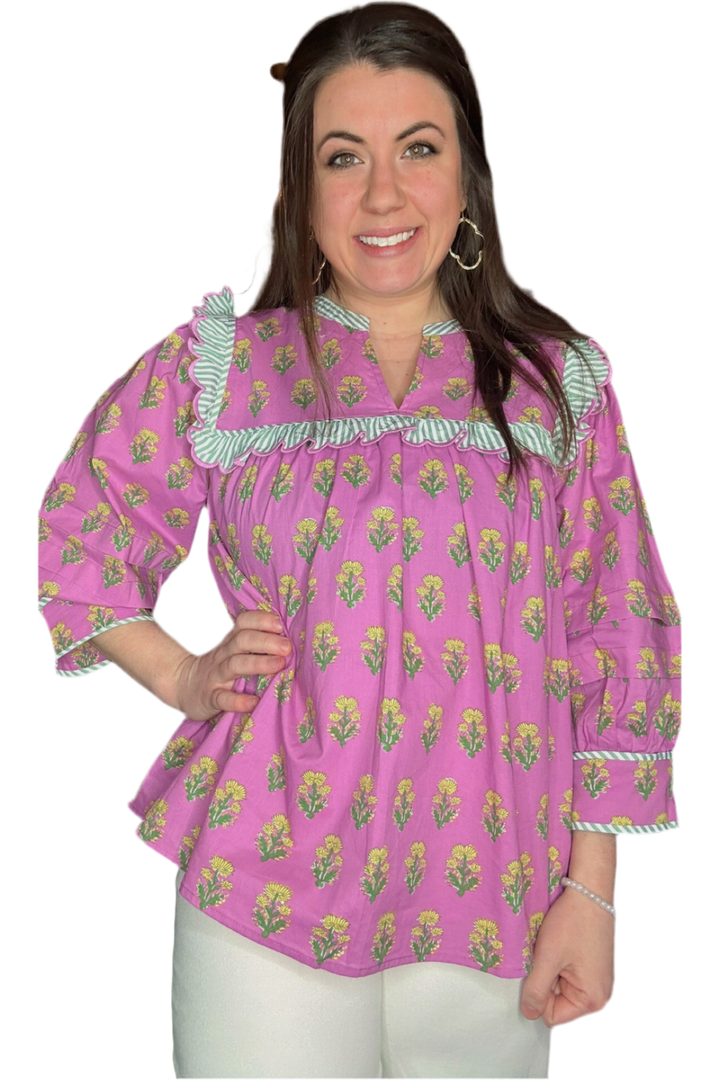 Entro Pink\Purple Patterned 3/4 Length Sleeve Top - Vintage Dragonfly Boutique