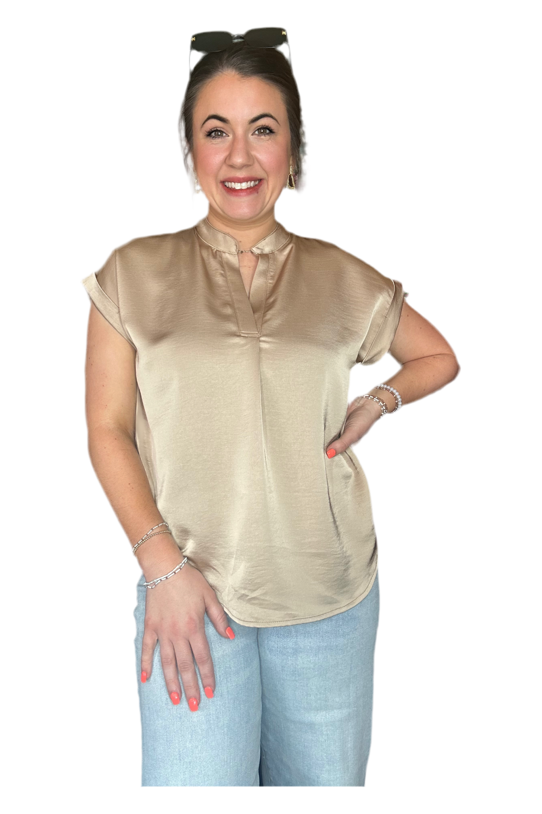 Round Collar Short Sleeve Vneck Top - Vintage Dragonfly Boutique