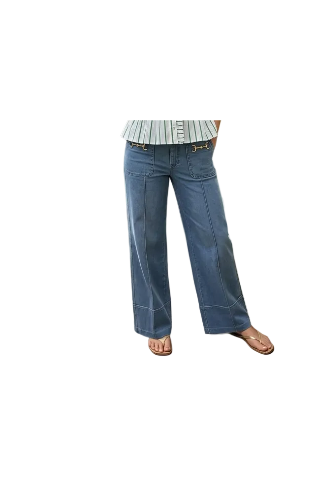 Entro Denim Wide Leg Pants with Horsebit Detail | Women’s Boutique Trousers - Vintage Dragonfly Boutique