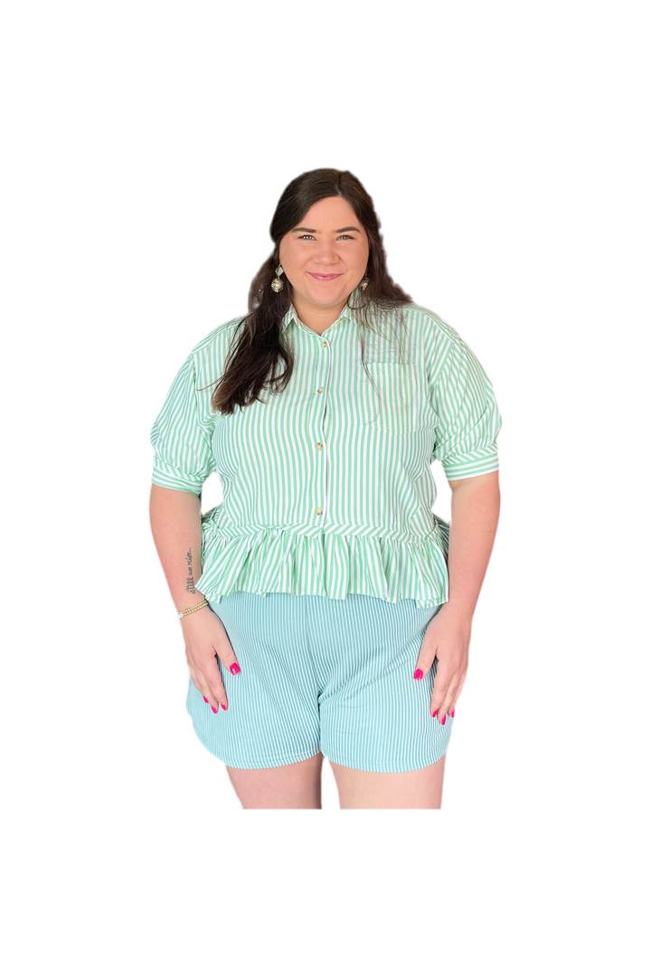 Apple Green Striped 3/4 L Sleeve Ruffle Hem Top