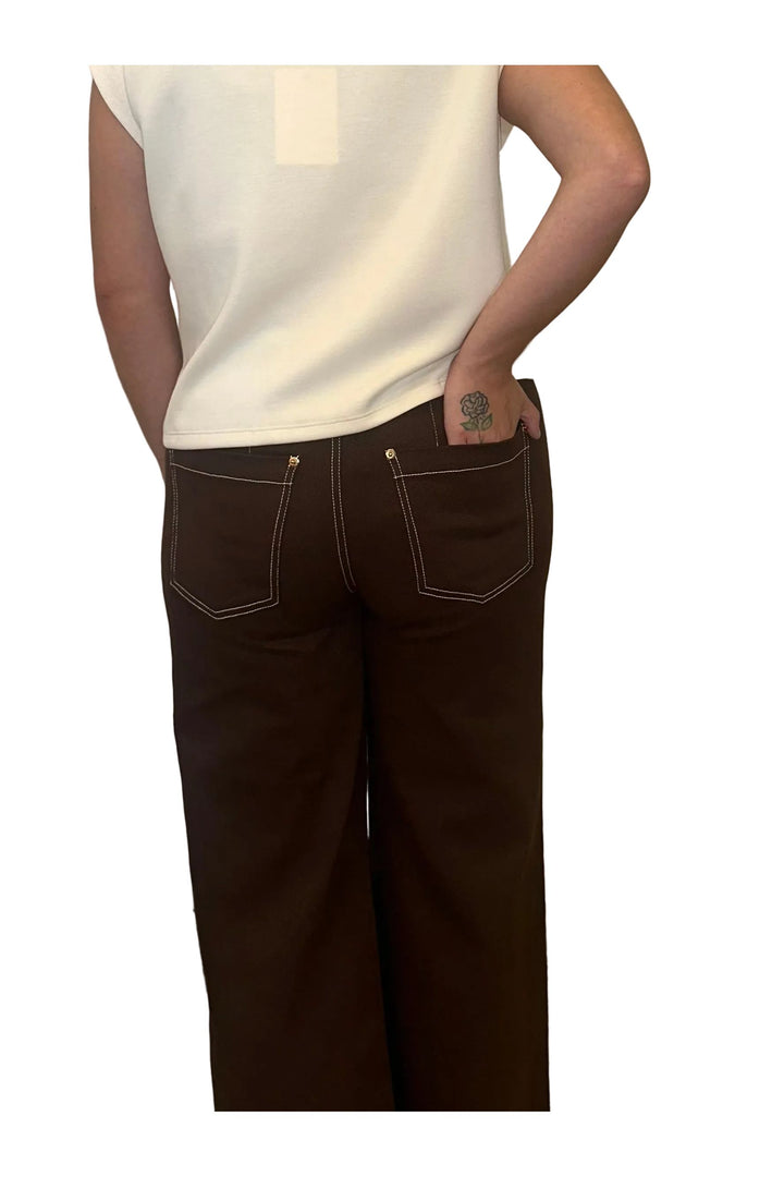 Entro Brown Contrast Stitch Wide Leg Pants