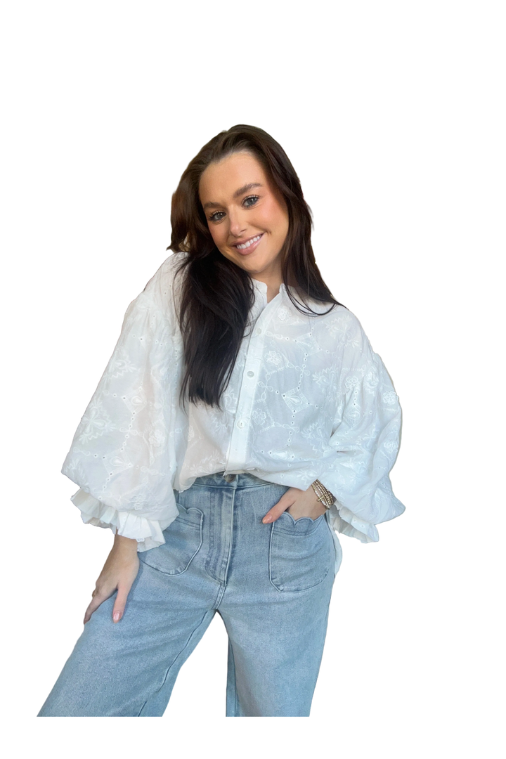 Fate White Eyelet Puff Sleeve Button-Front Blouse - Vintage Dragonfly Boutique